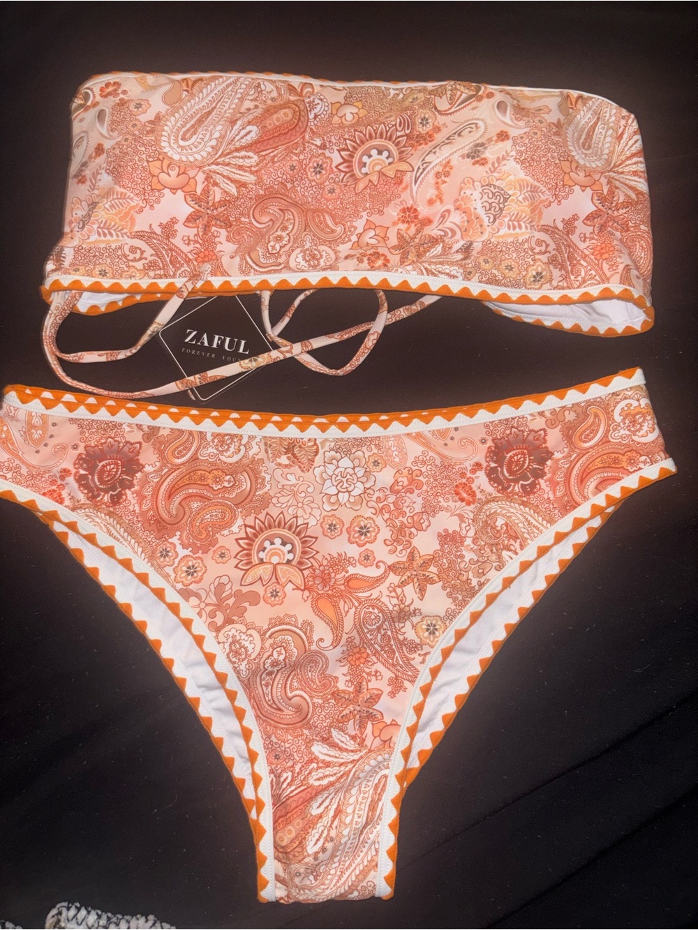 Zaful Peach-Orange Paisley Bandeau Bikini Set